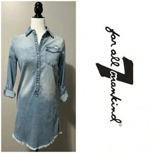 7 For All Mankind Stretch Denim Raw Hem Long Sleeve Shirt Dress Faded W…